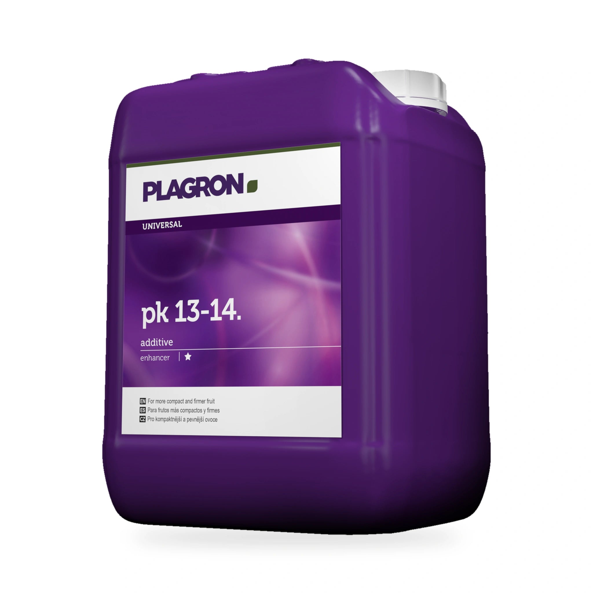 A 10 litre bottle of Plagron Universal pk 13-14 additive fertilizer, featuring a purple label and a white cap, set against a plain white background.